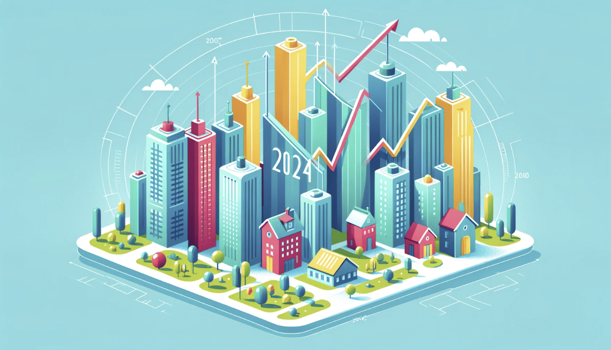 Image of city skyline that depicts real estate market fluctuations regarding housing market predictions.